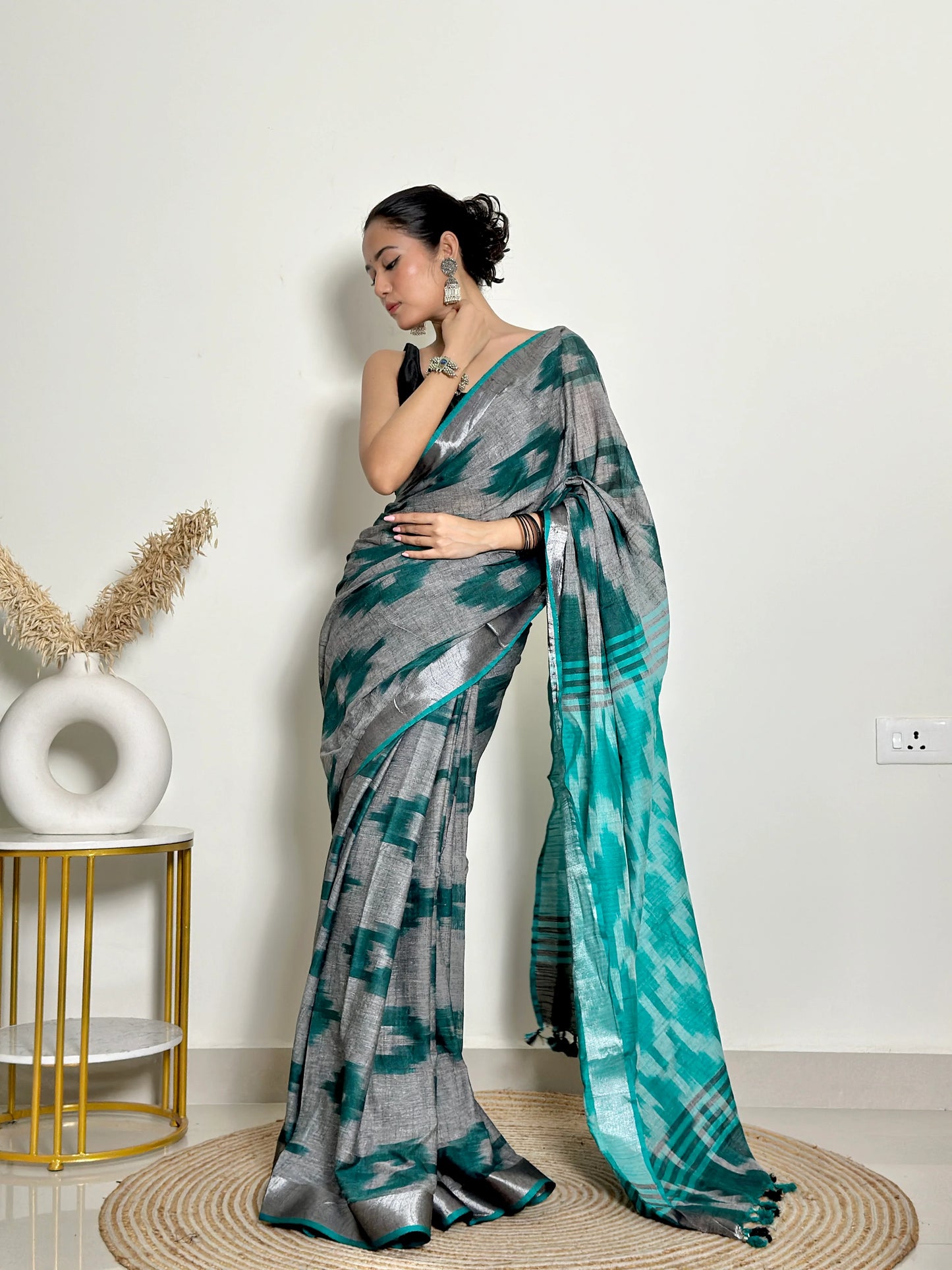 Grey And Turquoise Ikat Natural Dyed - HandCrafted - Soft Linen Saree