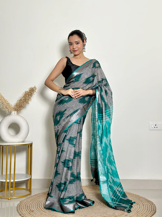 Grey And Turquoise Ikat Natural Dyed - HandCrafted - Soft Linen Saree