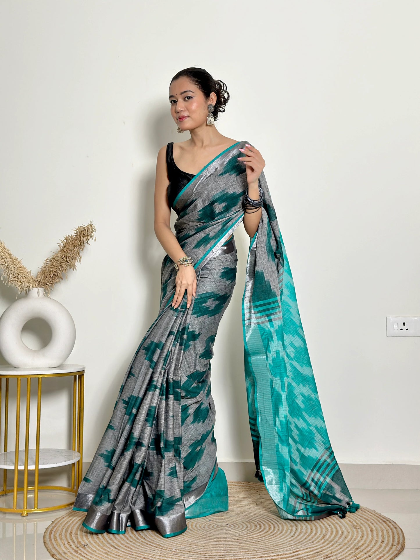 Grey And Turquoise Ikat Natural Dyed - HandCrafted - Soft Linen Saree