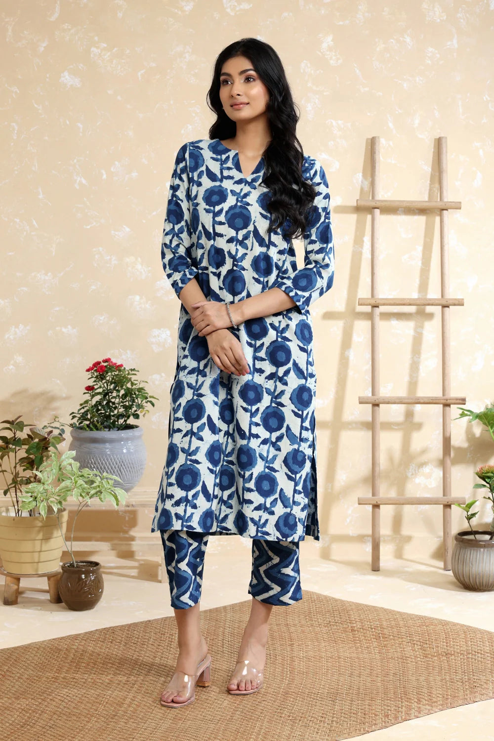 White & Indigo Pure Cotton Block Print Kurta Set