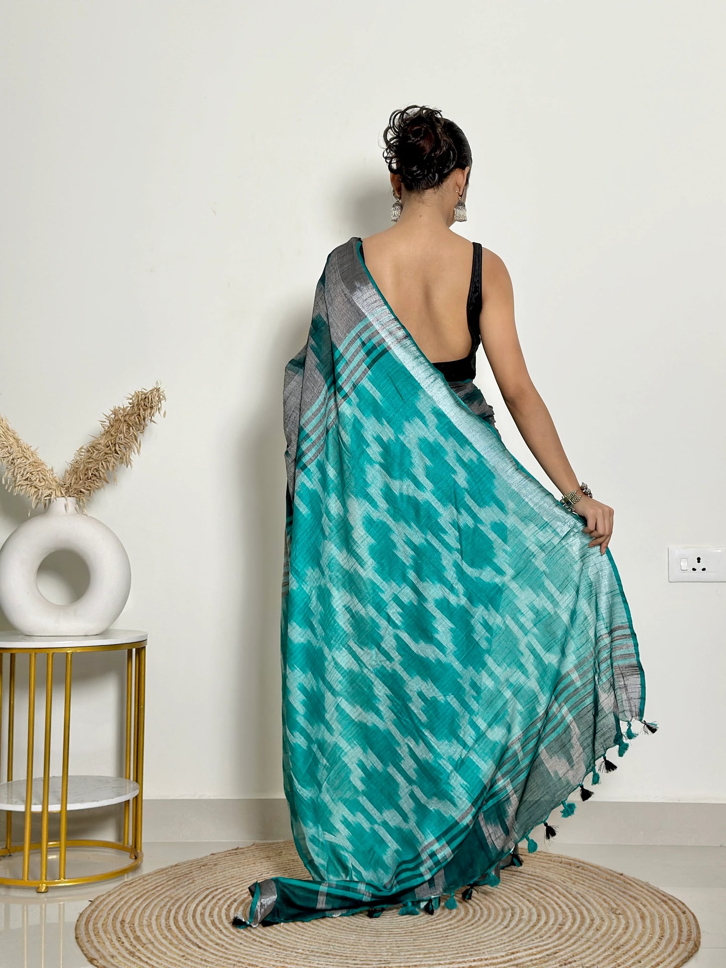 Grey And Turquoise Ikat Natural Dyed - HandCrafted - Soft Linen Saree