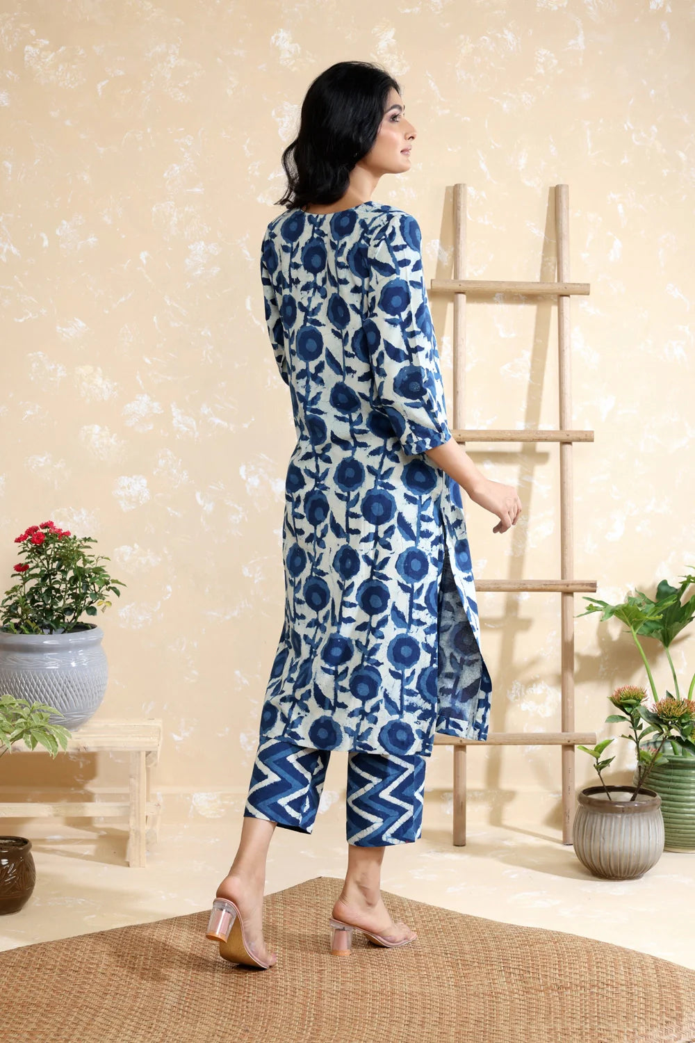 White & Indigo Pure Cotton Block Print Kurta Set