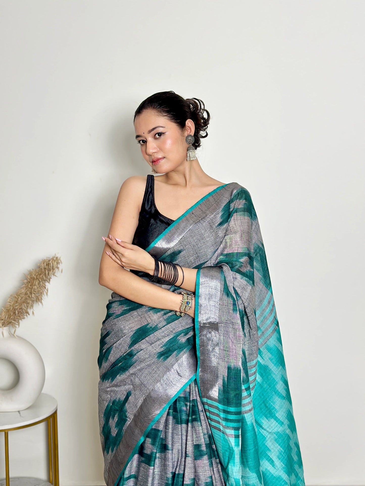 Grey And Turquoise Ikat Natural Dyed - HandCrafted - Soft Linen Saree