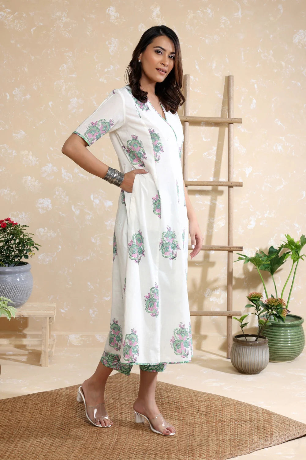 White & Green Pure Cotton Green Block Print Kurta Set