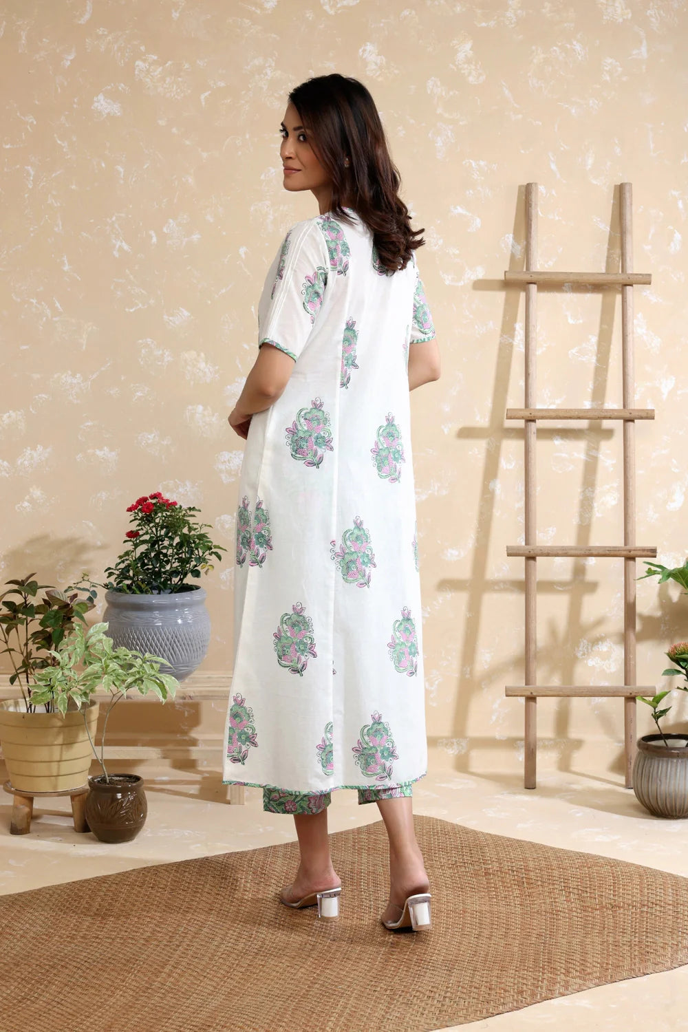 White & Green Pure Cotton Green Block Print Kurta Set