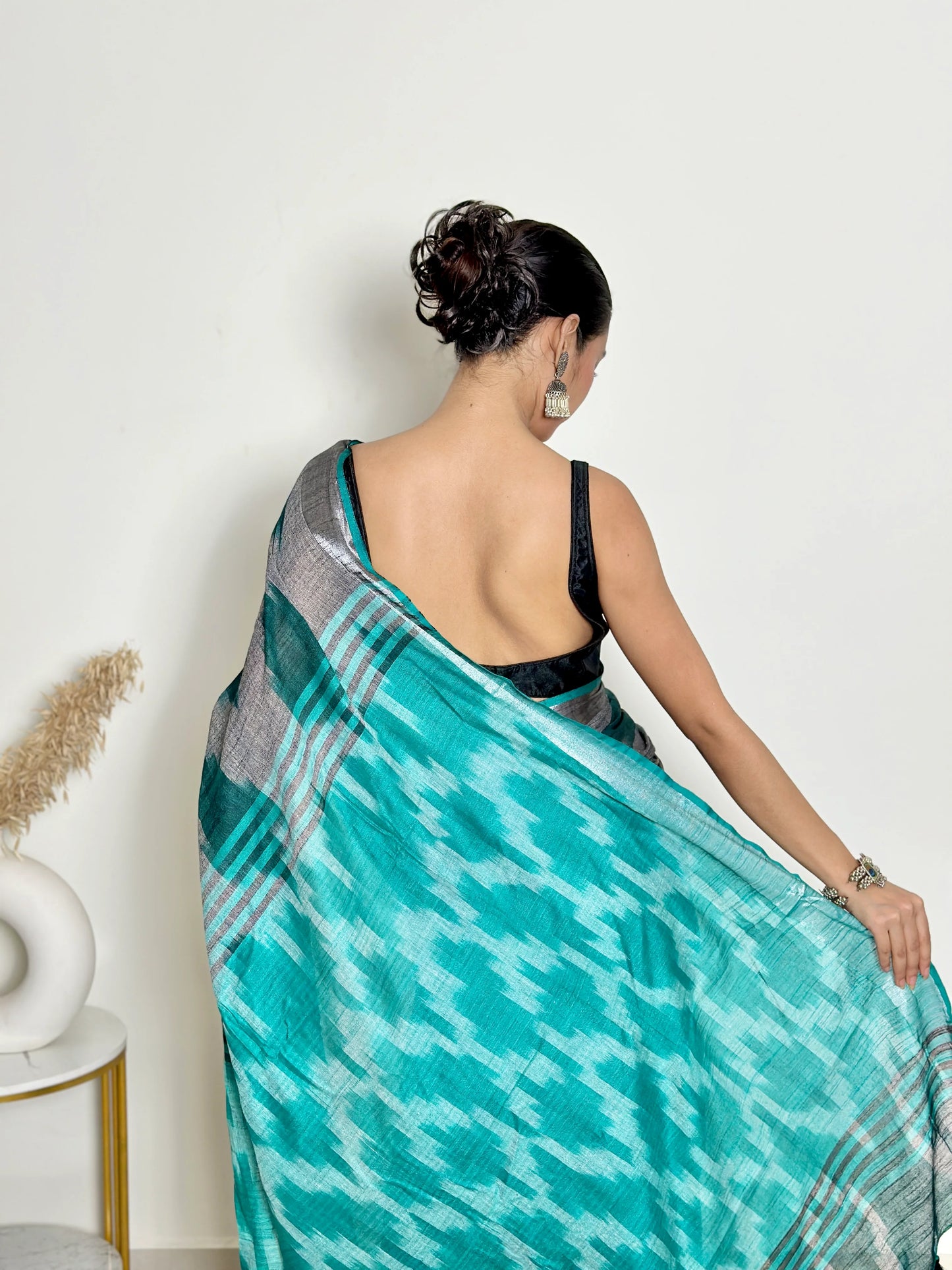 Grey And Turquoise Ikat Natural Dyed - HandCrafted - Soft Linen Saree