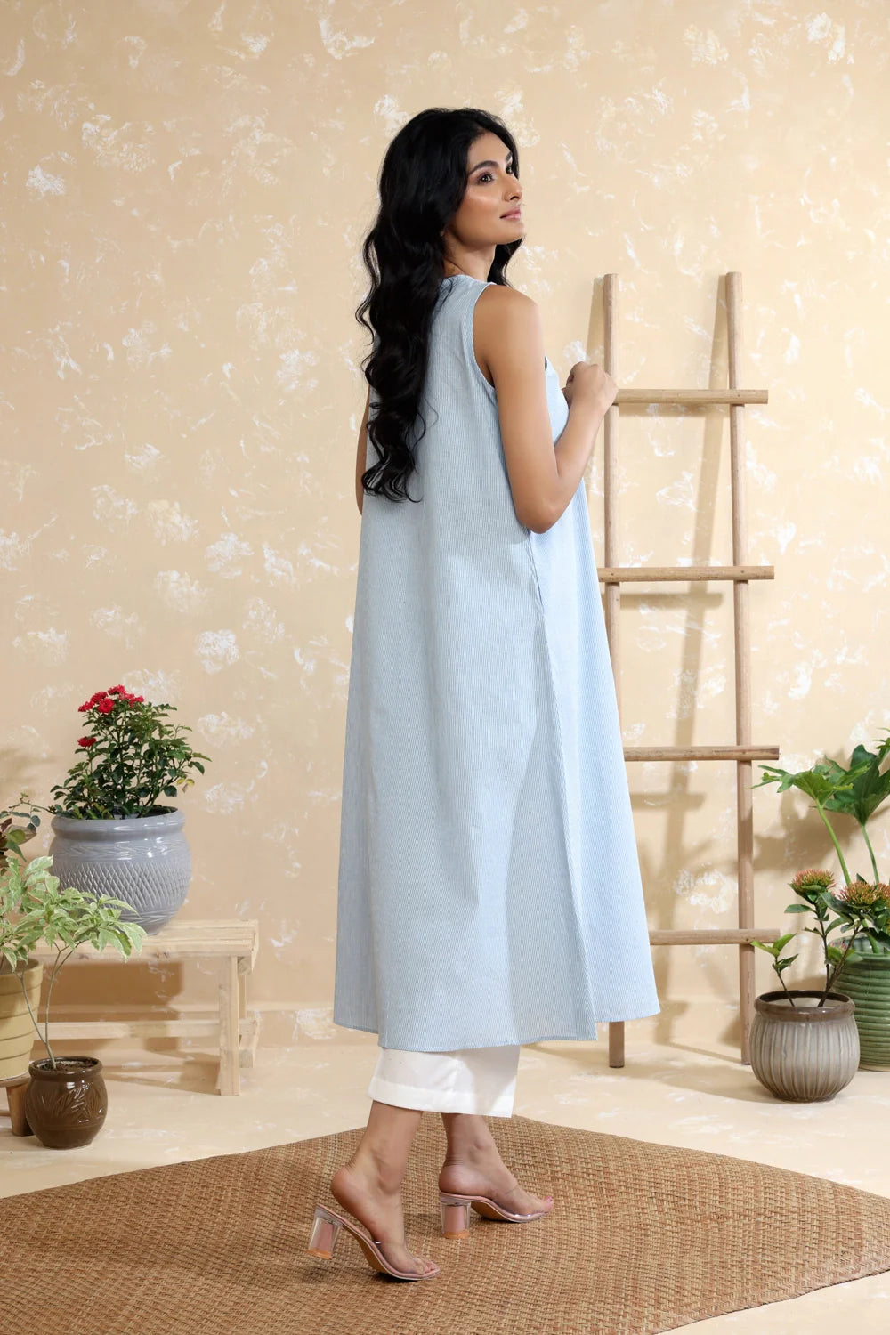 Sky Blue Stripes Pure Cotton Kurta with White Malai Cotton Pant Set