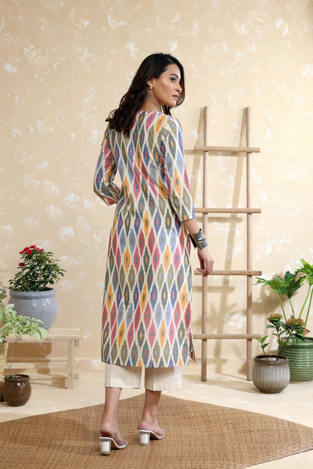 Beige Multicolour Handwoven Pure Cotton Ikkat Kurta Set