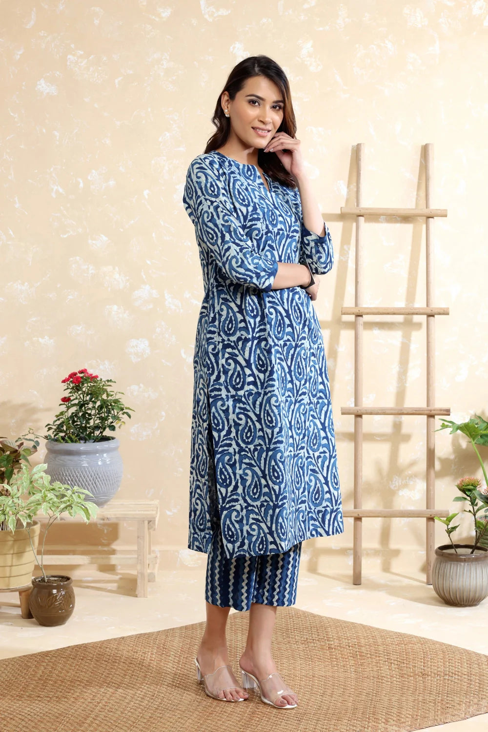 Indigo Blue Pure Cotton Paisley Block Print Kurta Set