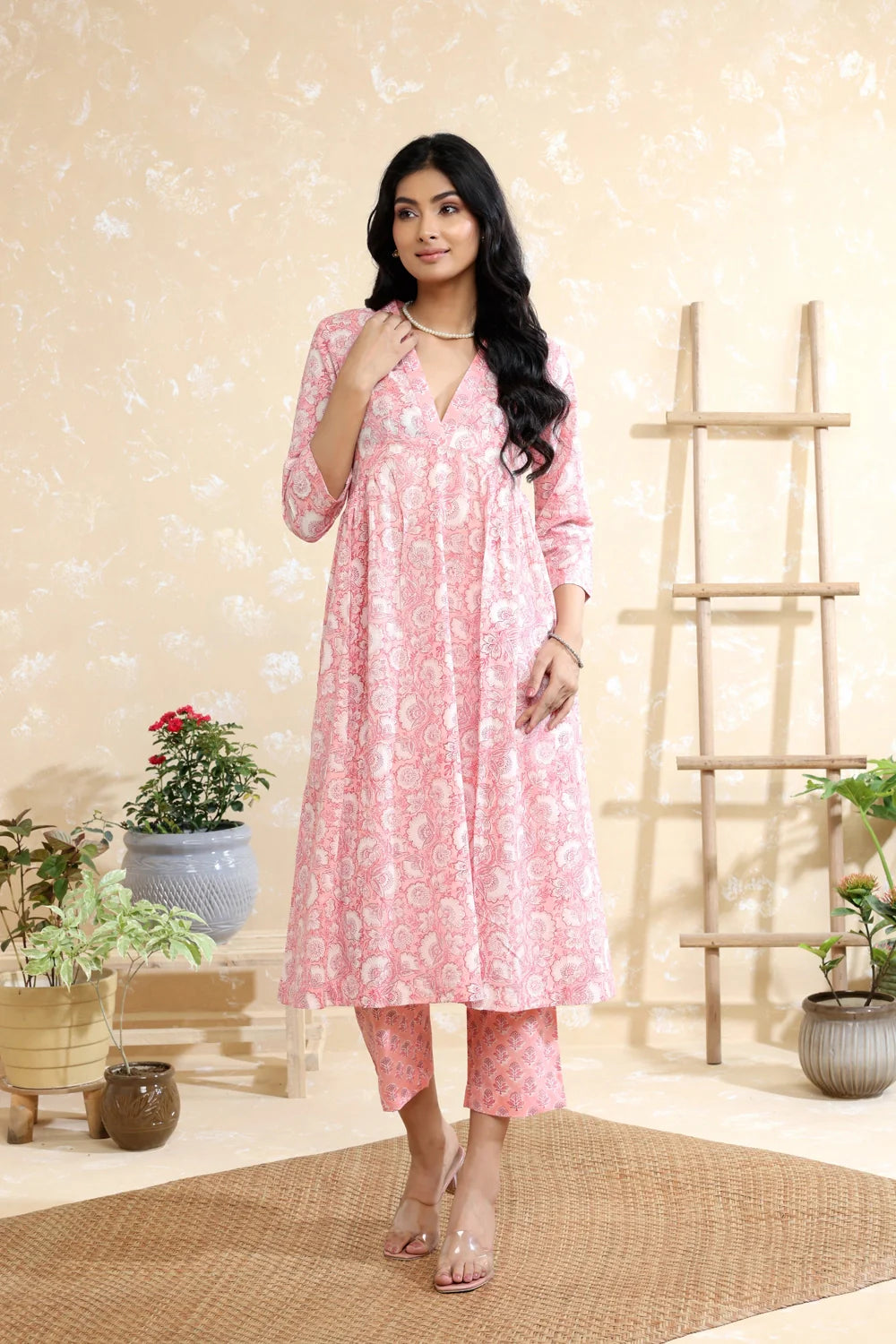 Baby Pink Pure Cotton Tiny Floral Block Print Kurta Set