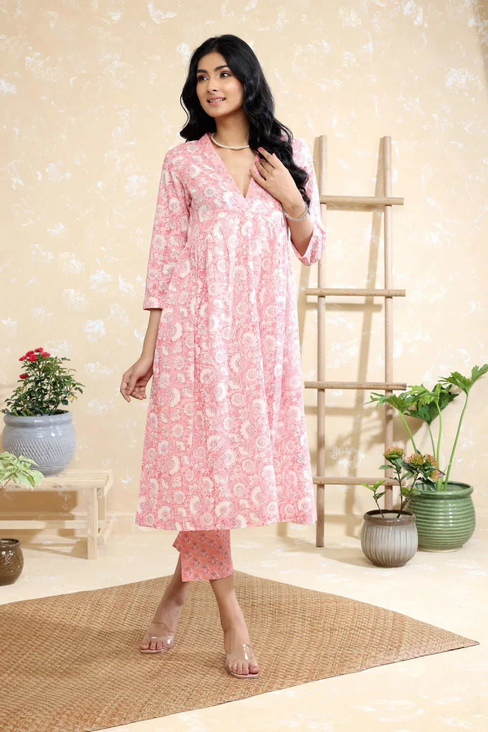 Baby Pink Pure Cotton Tiny Floral Block Print Kurta Set