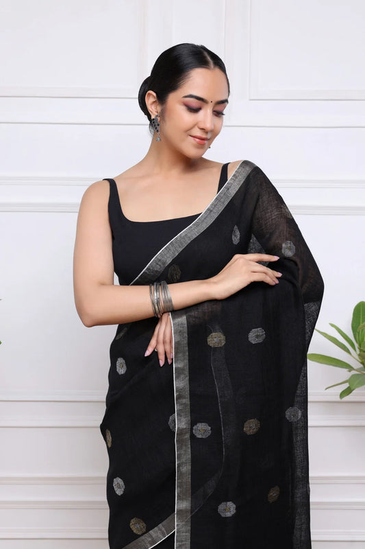 Handloom Black Pure Linen Jamdani Saree