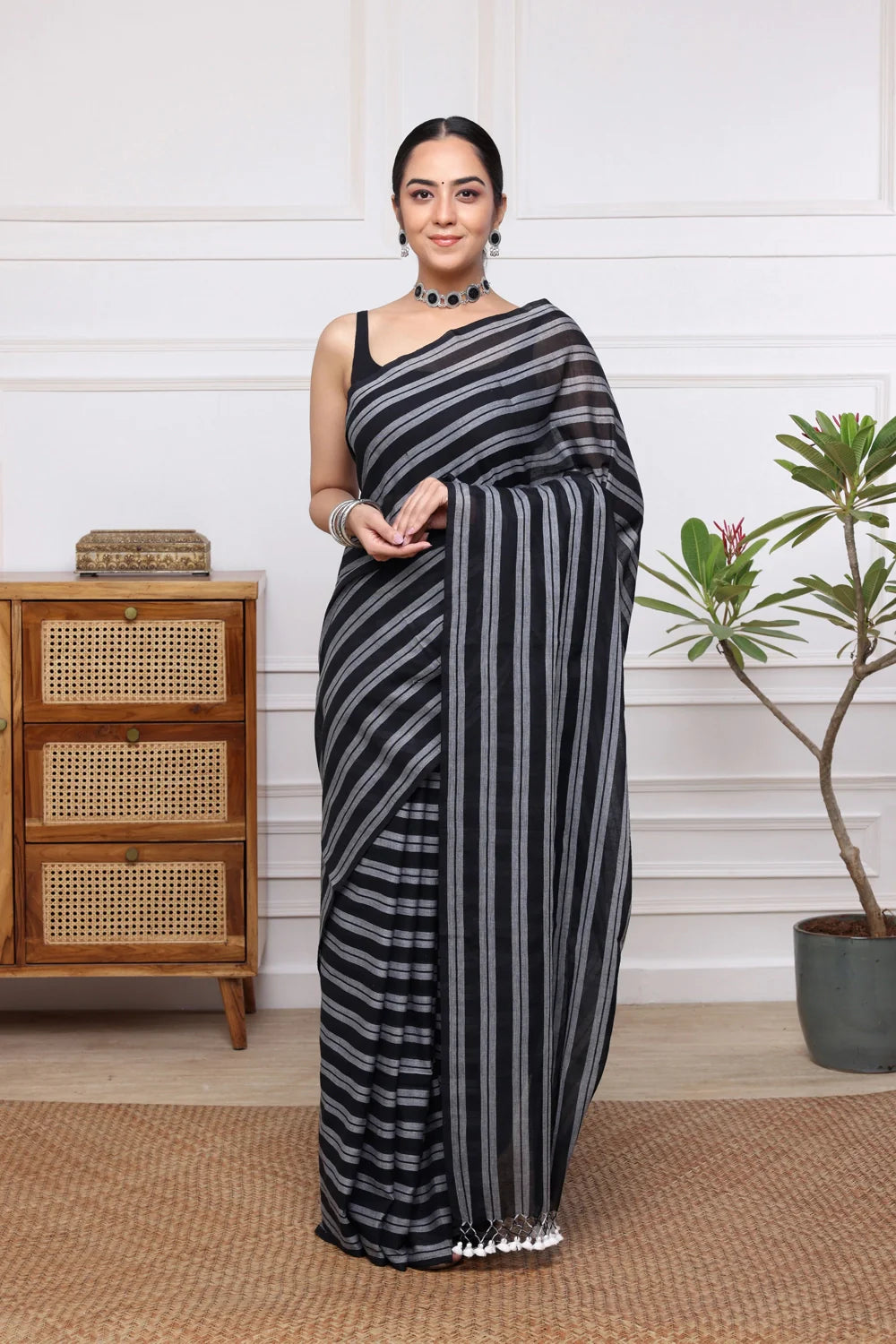 Handloom Black & Grey Stripes Mulmul Saree