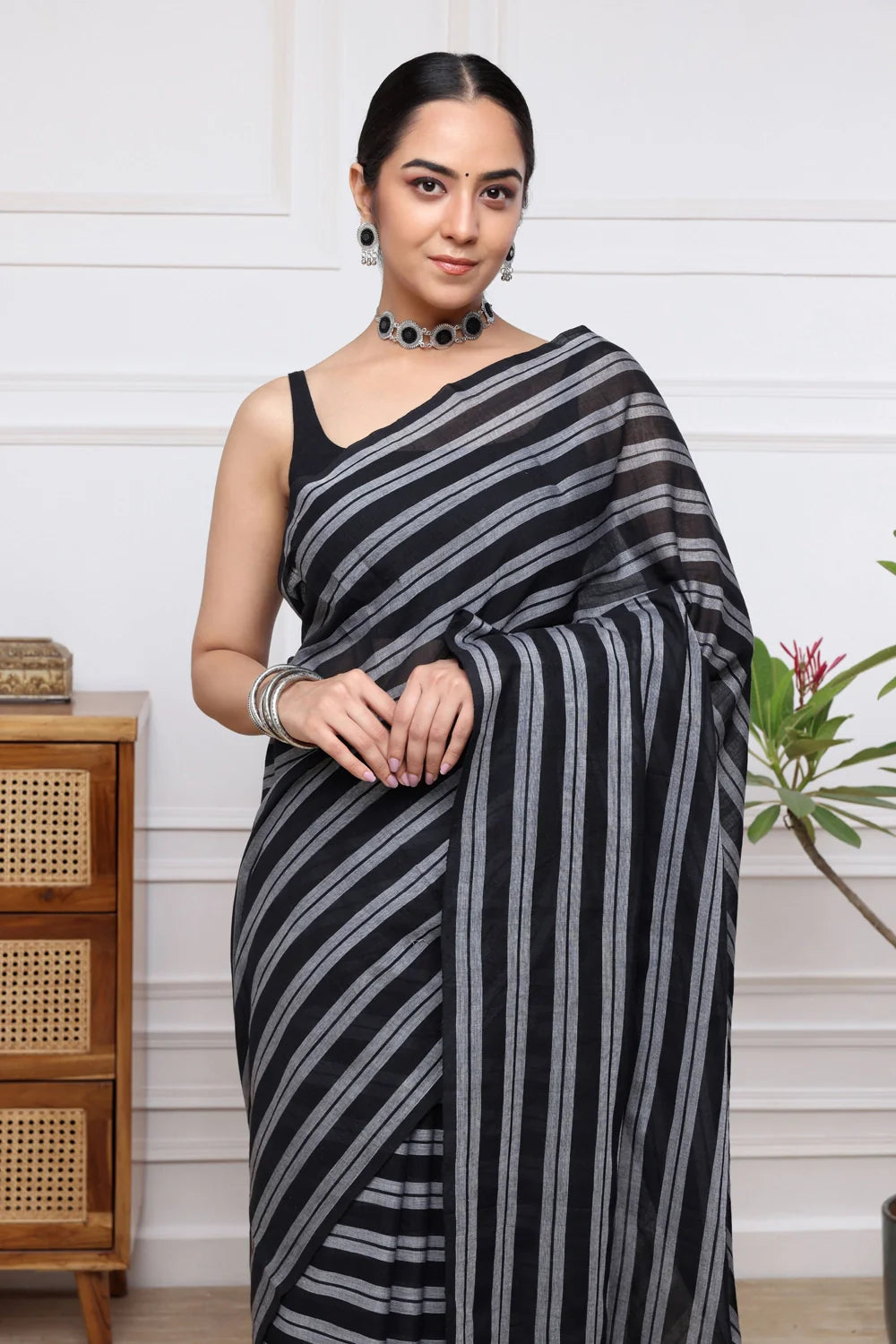 Handloom Black & Grey Stripes Mulmul Saree