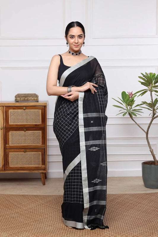 Handloom Black Check Mulmul Jamdani Saree