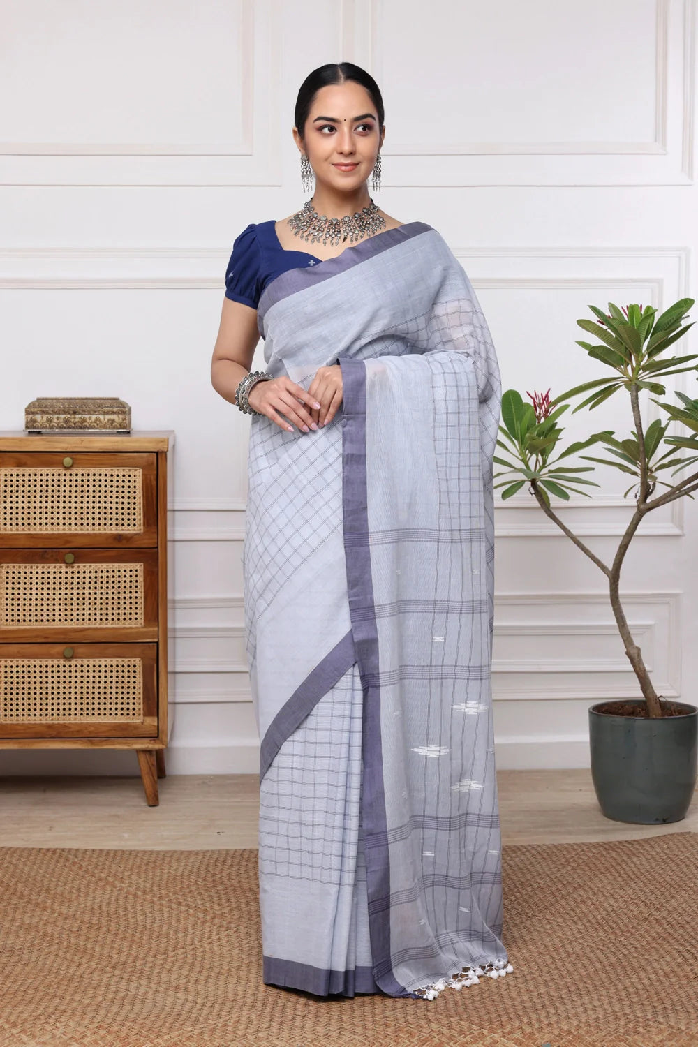 Handloom Sky Blue Check Pure Cotton Jamdani Saree