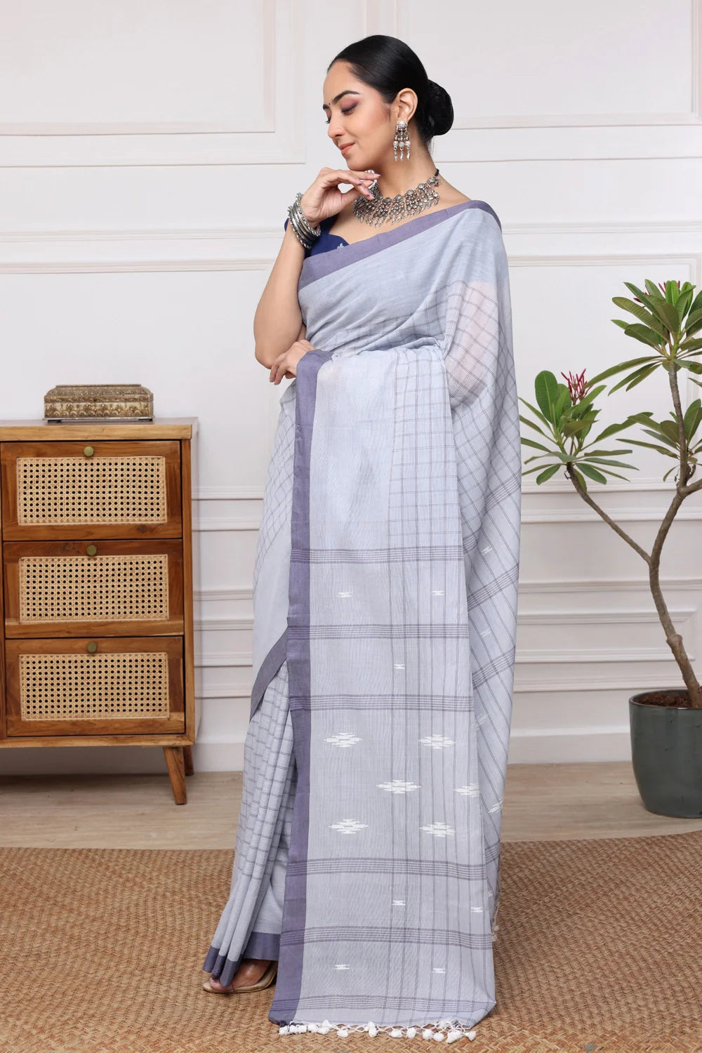 Handloom Sky Blue Check Pure Cotton Jamdani Saree