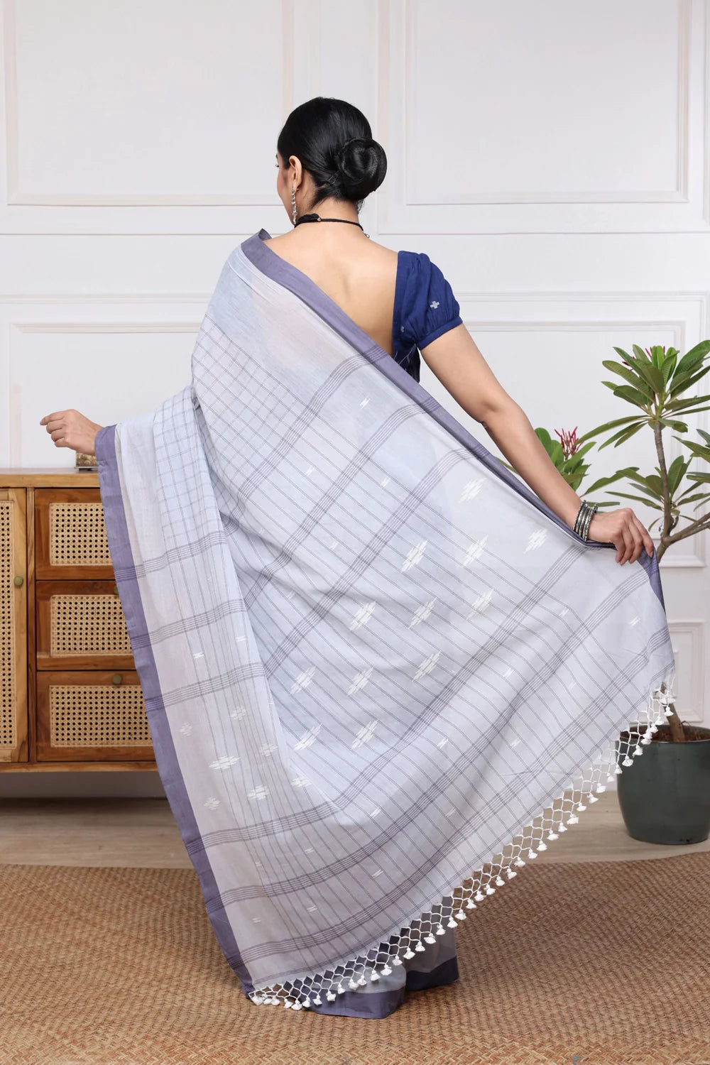 Handloom Sky Blue Check Pure Cotton Jamdani Saree