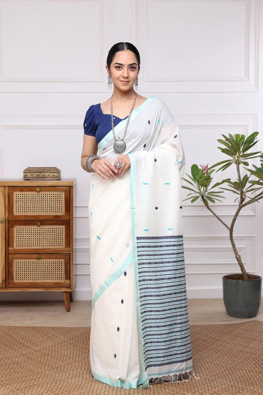 Handloom Pure Cotton White Saree With Aqua Green Border