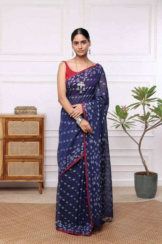 Handloom Navy Blue Mul Cotton Jamdani Saree