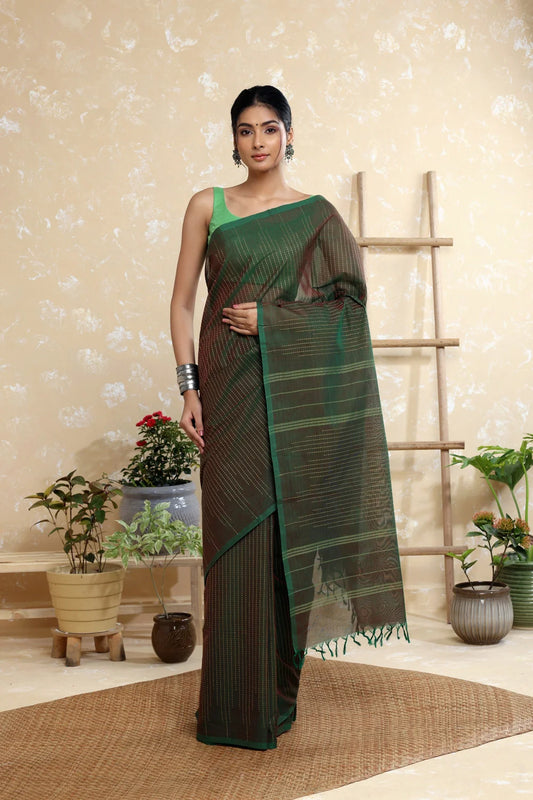 Handloom Dark Green Pure Cotton Kanchi Saree with Beige Stripes
