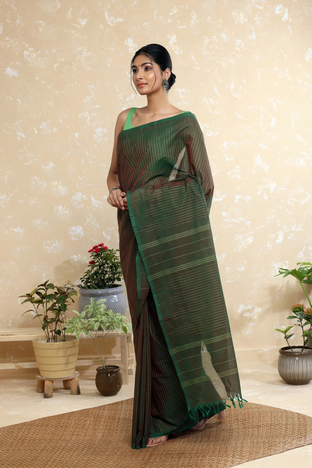 Handloom Dark Green Pure Cotton Kanchi Saree with Beige Stripes