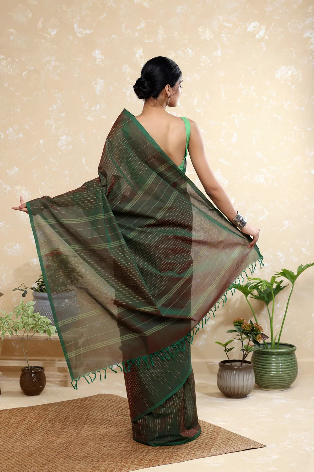 Handloom Dark Green Pure Cotton Kanchi Saree with Beige Stripes