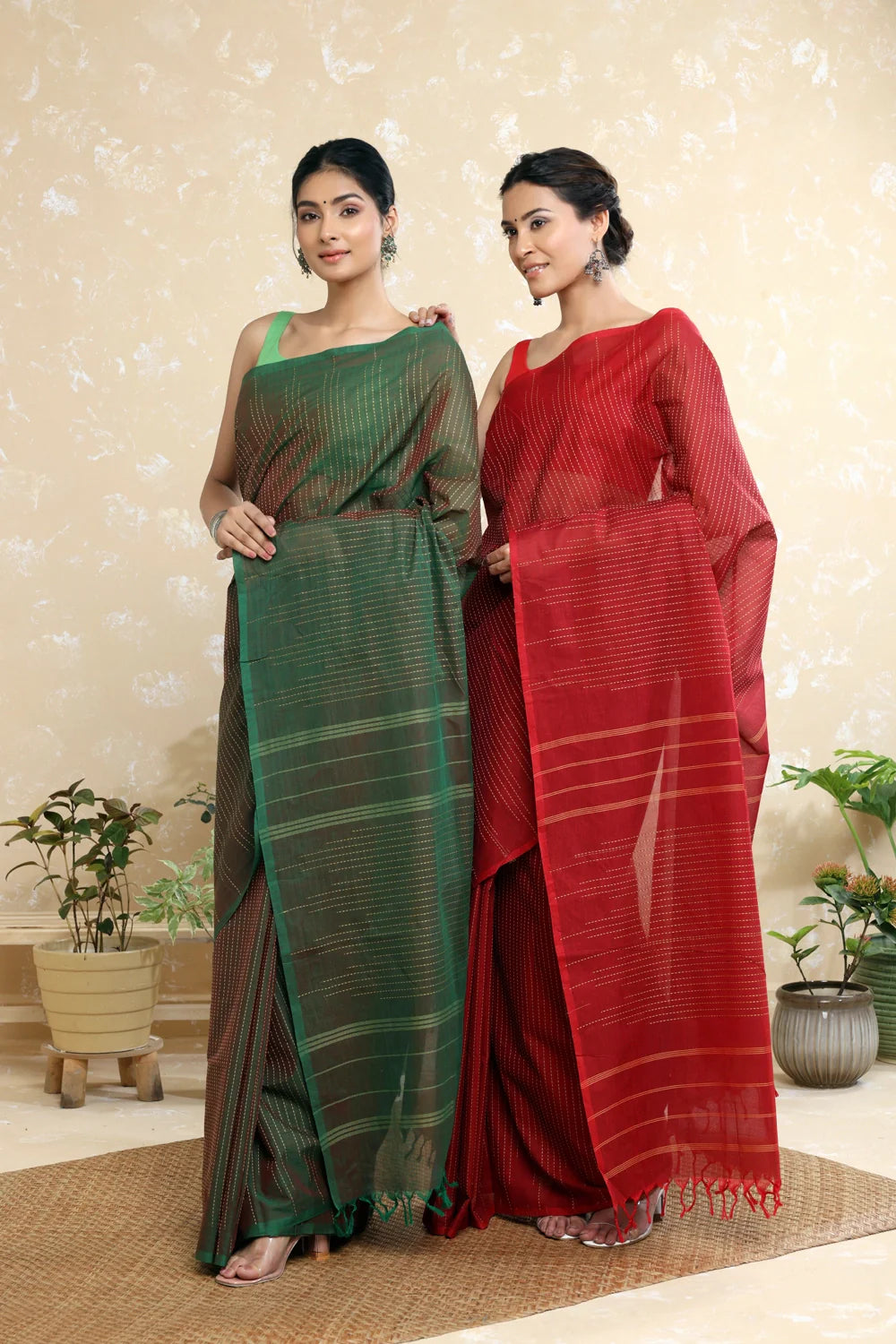 Handloom Dark Green Pure Cotton Kanchi Saree with Beige Stripes