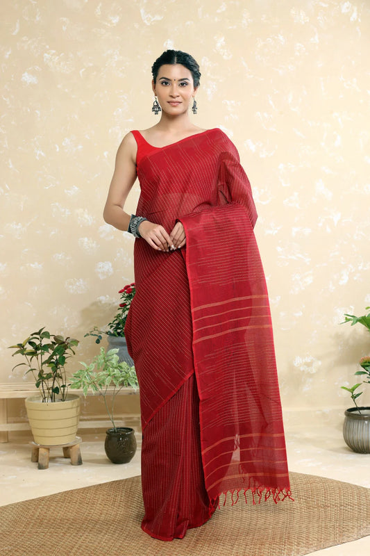 Handloom Ruby Red Pure Cotton Kanchi Saree with Beige Stripes
