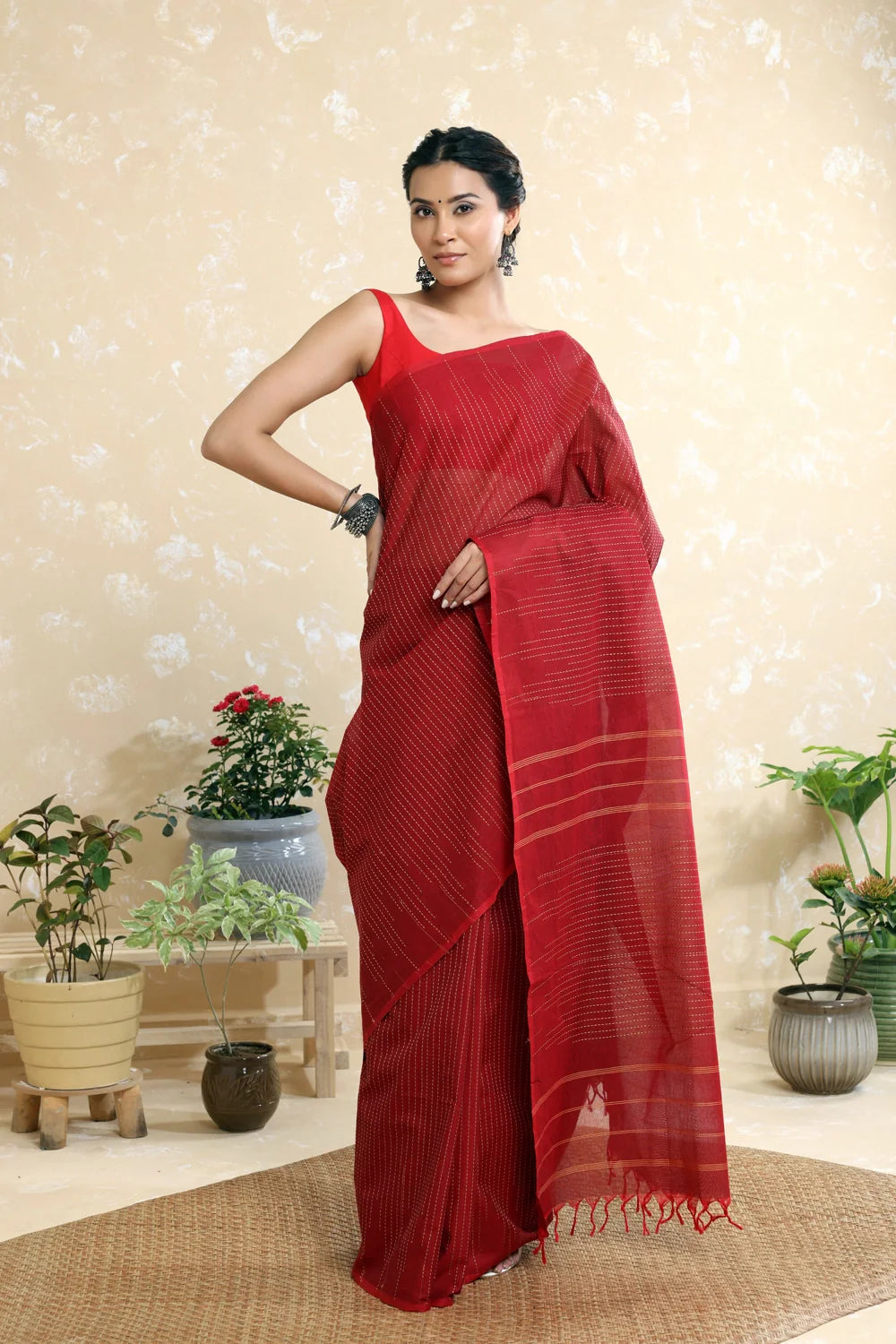 Handloom Ruby Red Pure Cotton Kanchi Saree with Beige Stripes