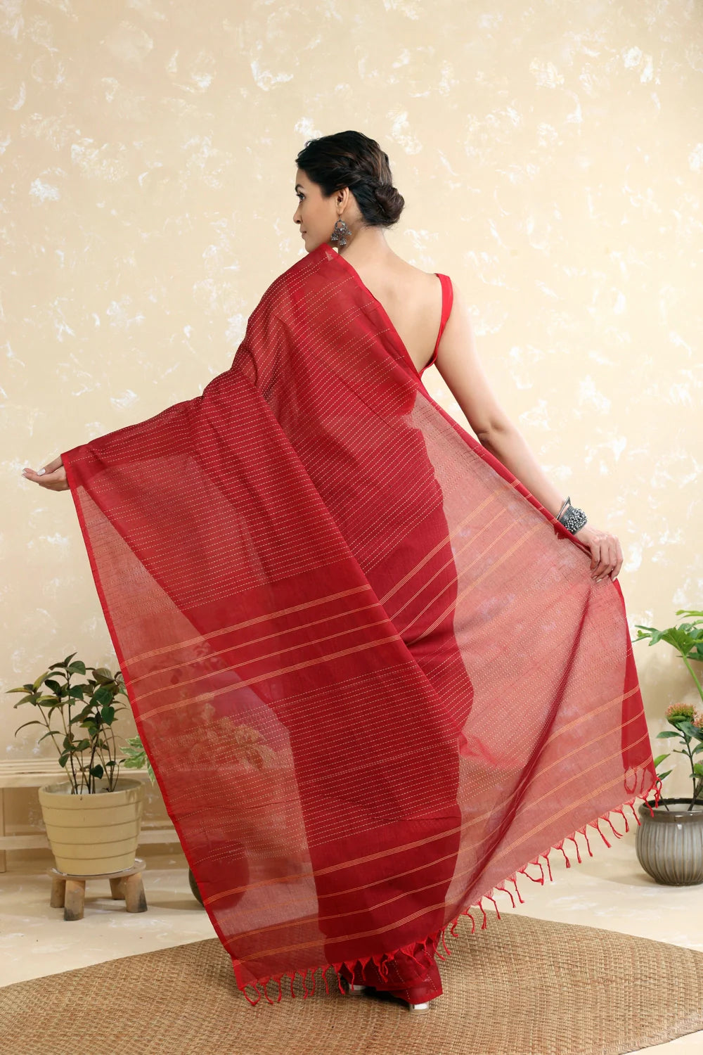 Handloom Ruby Red Pure Cotton Kanchi Saree with Beige Stripes