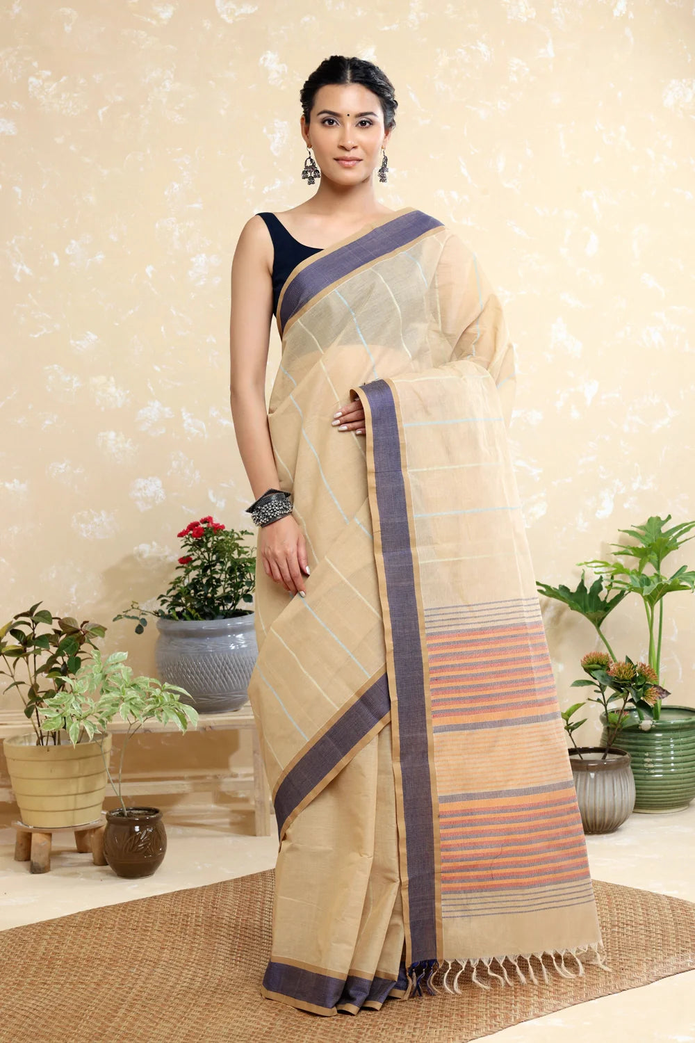 Handloom Sand Brown Pure Cotton Kanchi Saree with Stripes