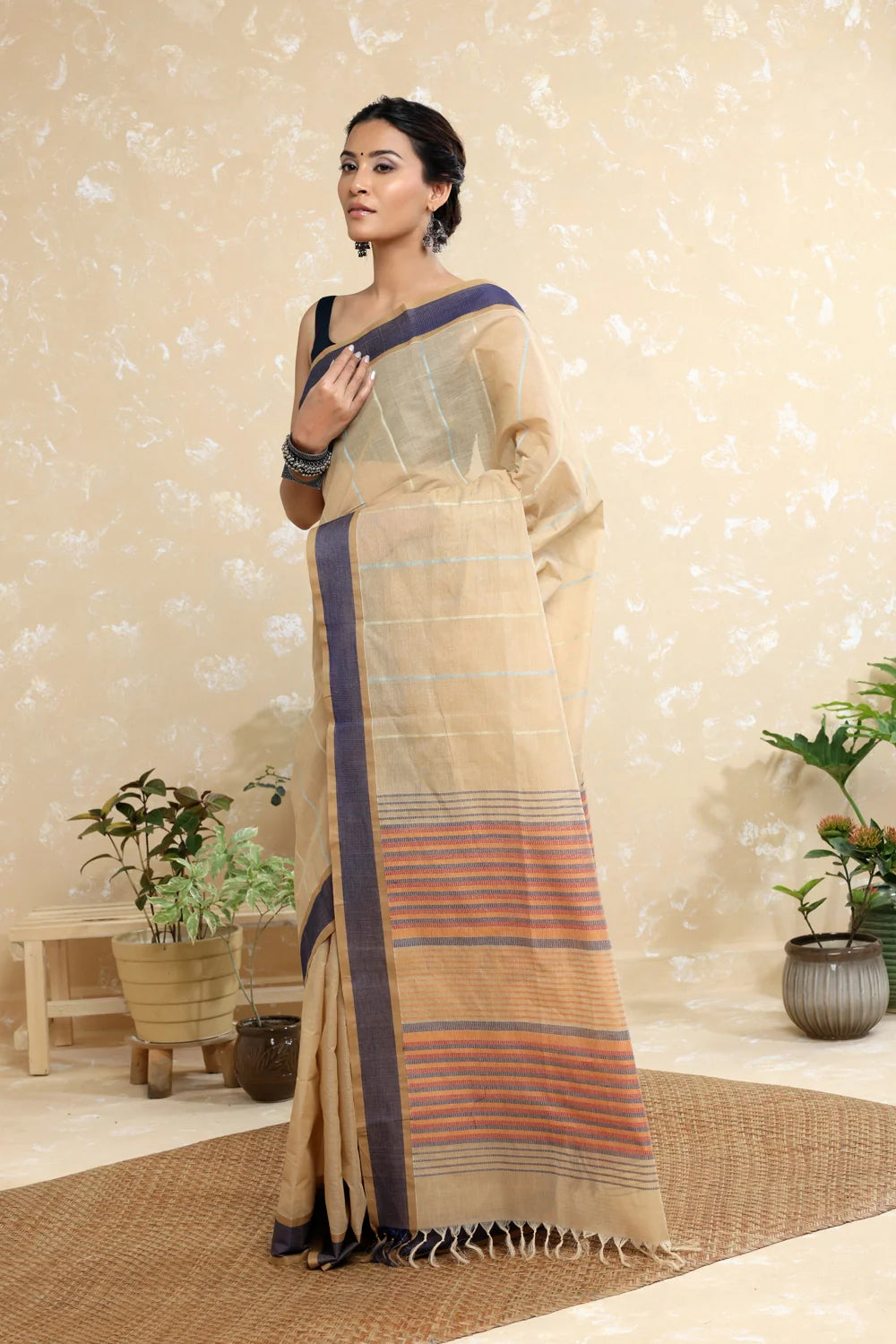 Handloom Sand Brown Pure Cotton Kanchi Saree with Stripes