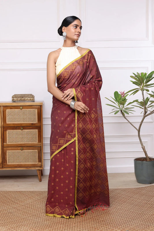 Handloom Fired Red Mul Cotton Jamdani Saree