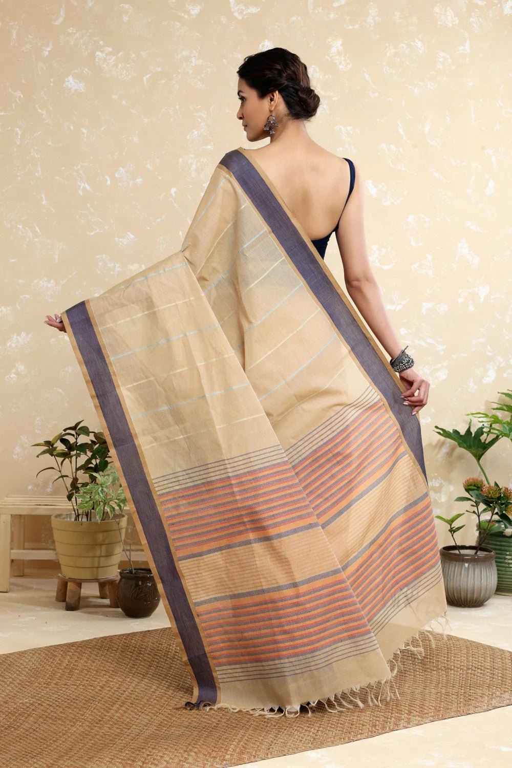 Handloom Sand Brown Pure Cotton Kanchi Saree with Stripes