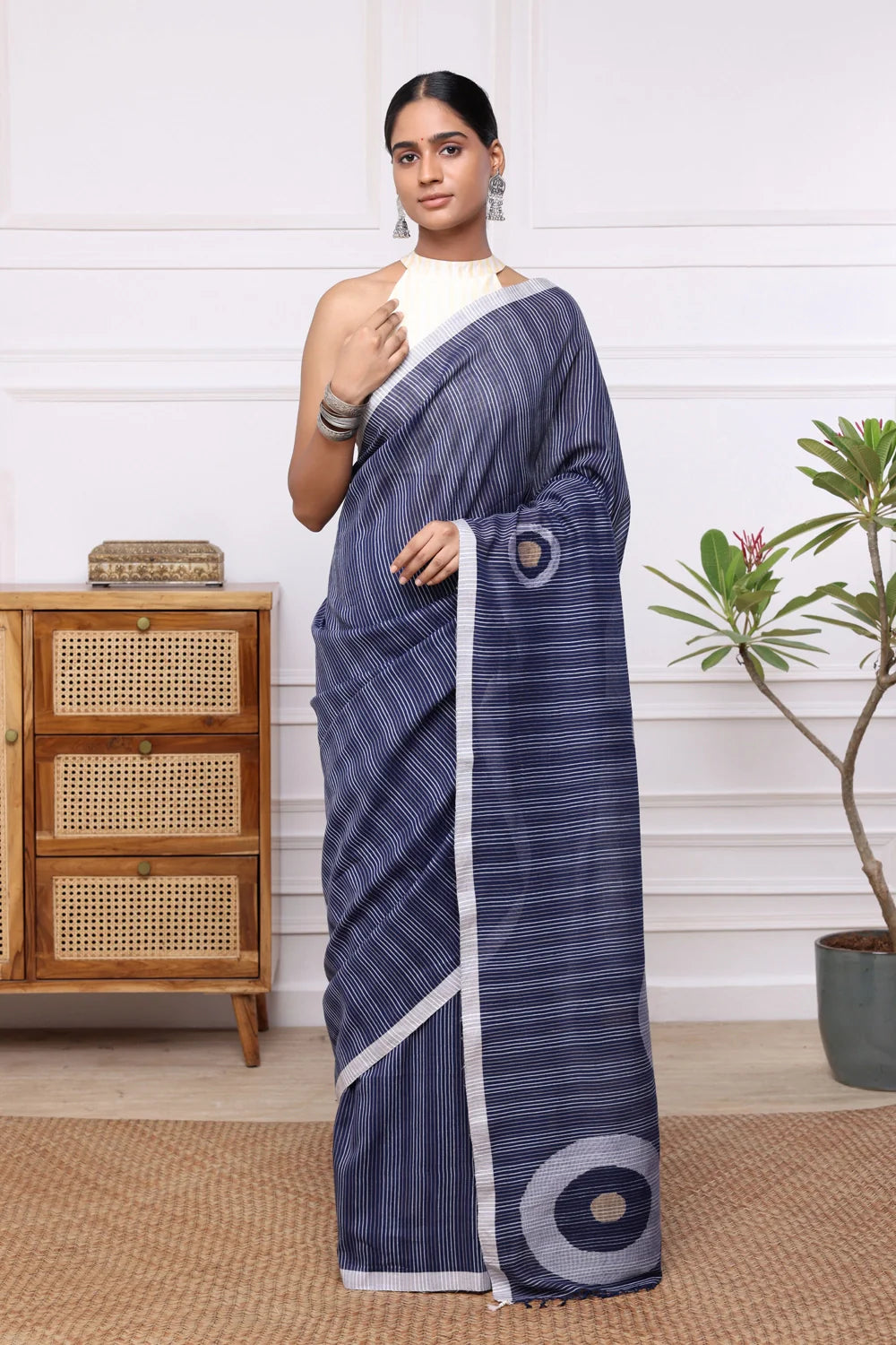 Handloom Blue Stripes Mul Cotton Eye Ball Saree