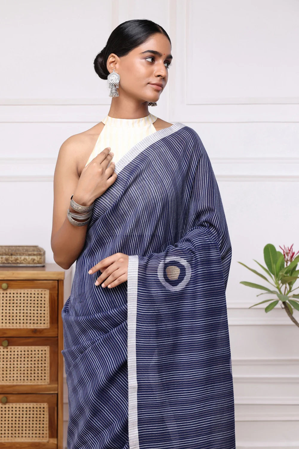 Handloom Blue Stripes Mul Cotton Eye Ball Saree