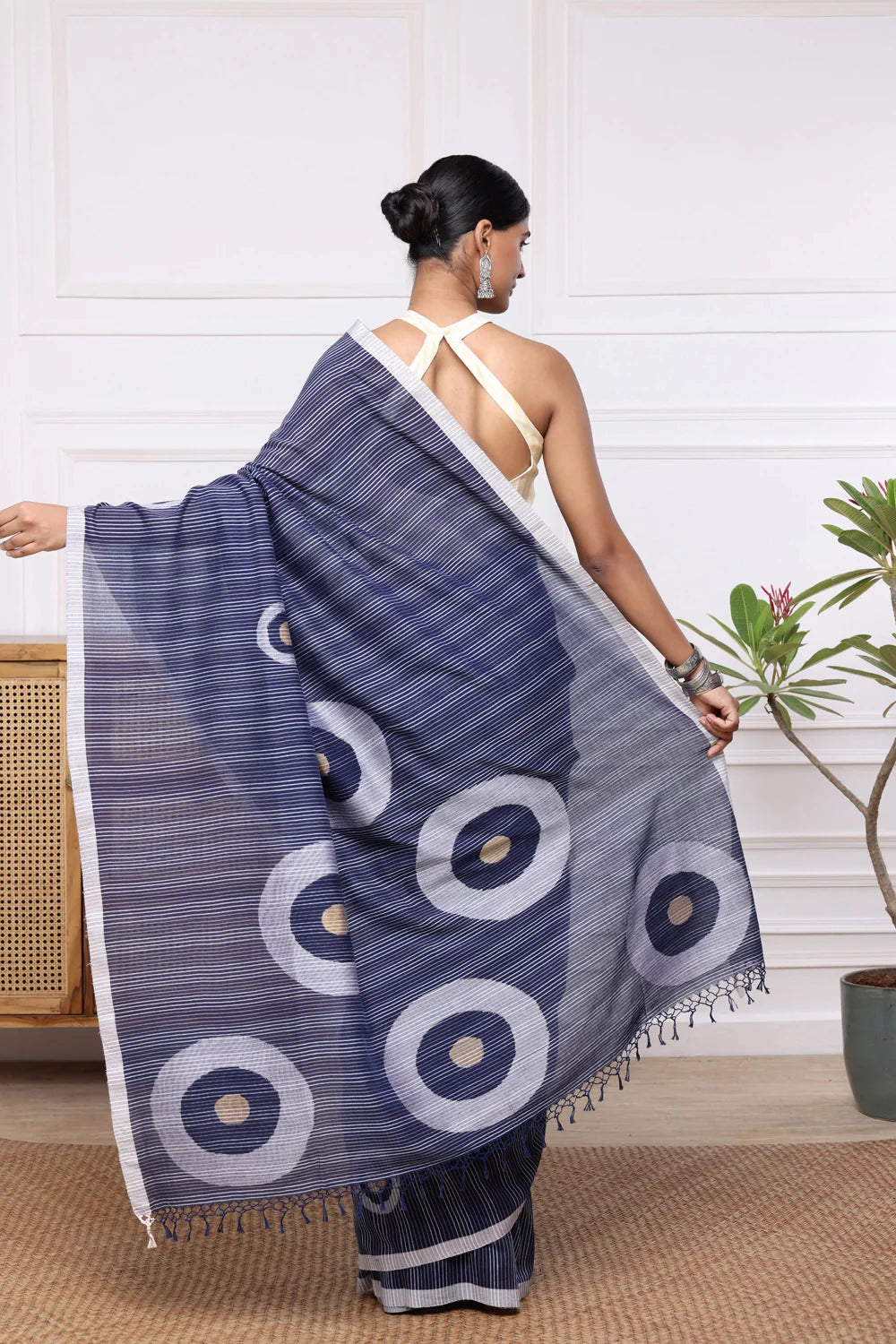 Handloom Blue Stripes Mul Cotton Eye Ball Saree