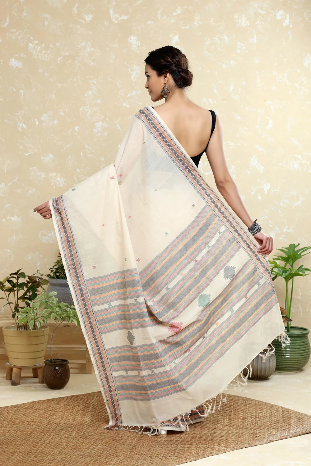 Handloom Cream Kanchi Pure Cotton Saree with Multi Colour Booti