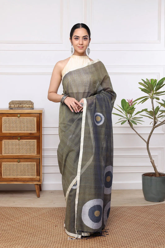 Handloom Olive Green Stripes Mul Cotton Eye Ball Saree