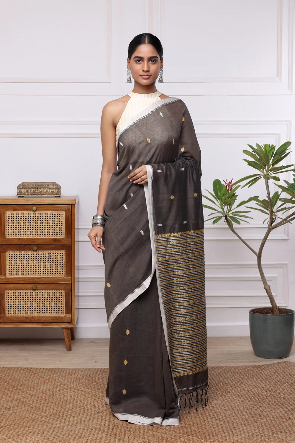 Handloom Espresso Brown Pure Cotton Saree