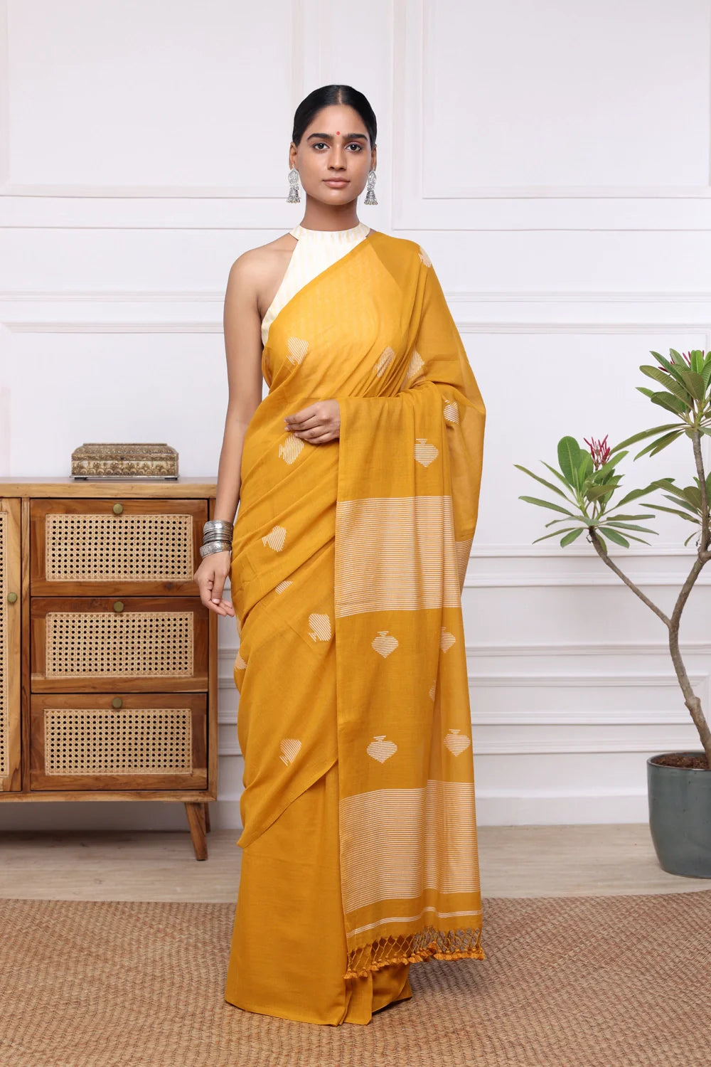 Handloom Saffron Yellow Mul Cotton Jamdani Saree