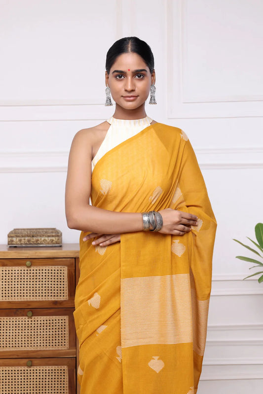 Handloom Saffron Yellow Mul Cotton Jamdani Saree