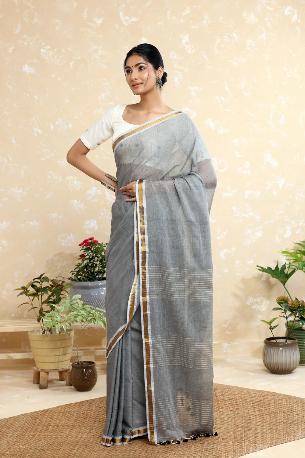 Handloom Grey With Gold Zari Stripes Mulmul Saree