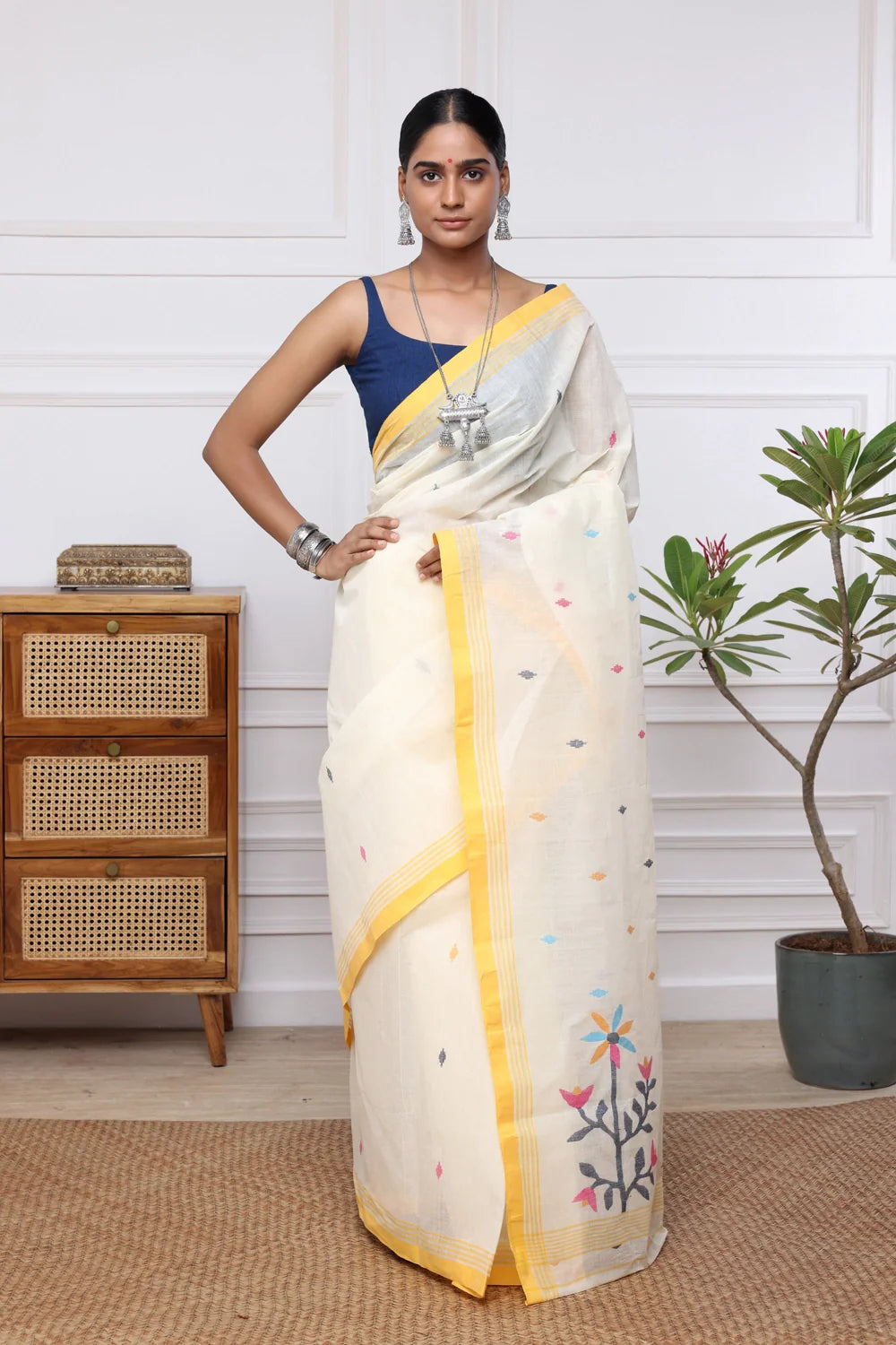 Handloom Cream Pure Cotton Jamdani Saree with Yellow Border