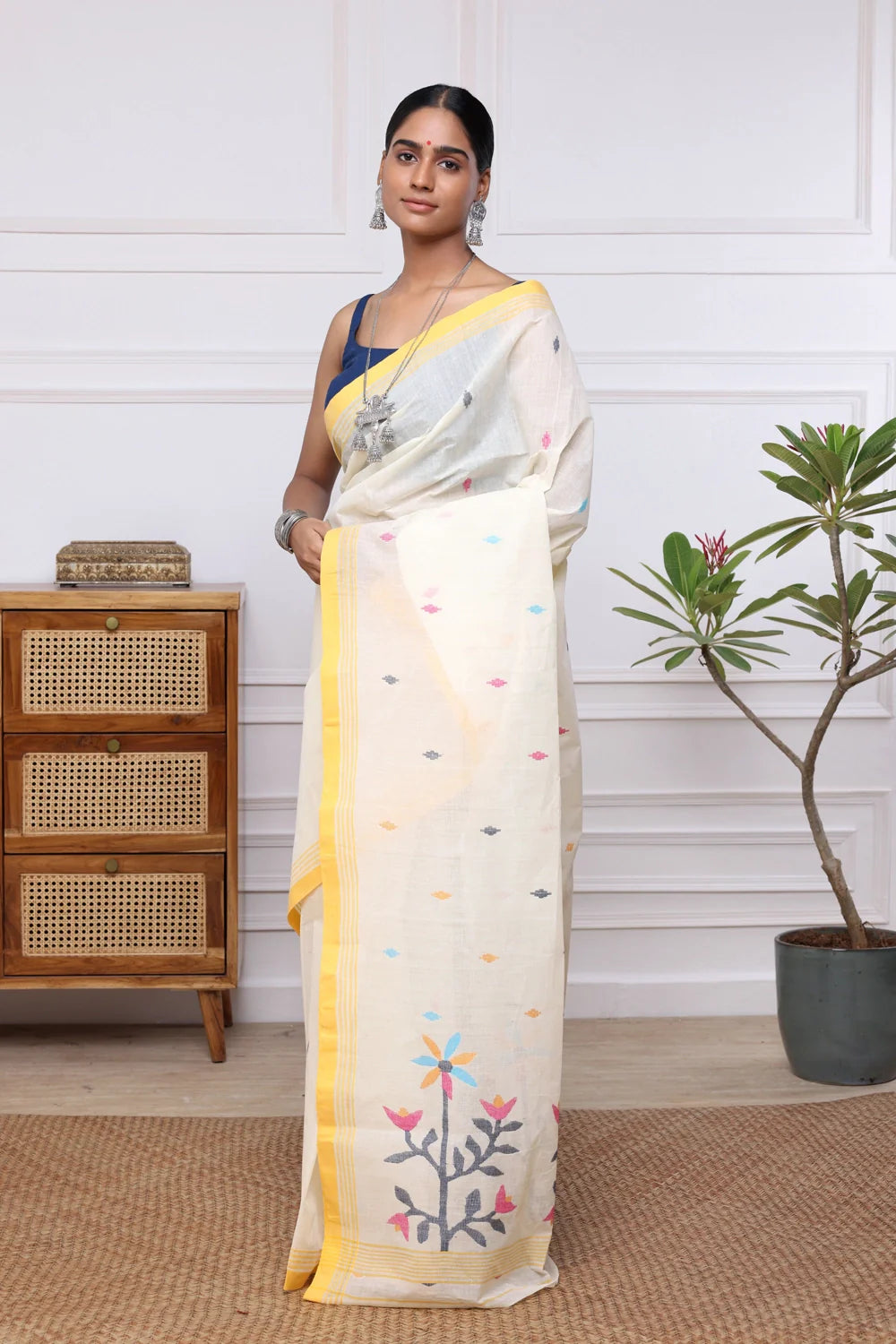 Handloom Cream Pure Cotton Jamdani Saree with Yellow Border