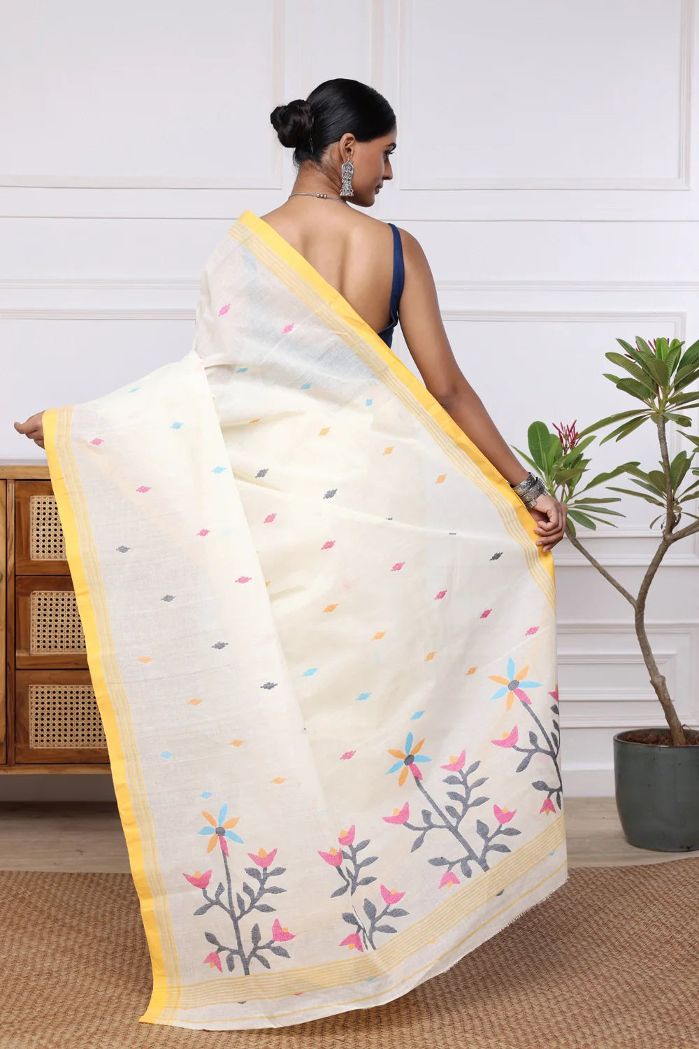 Handloom Cream Pure Cotton Jamdani Saree with Yellow Border