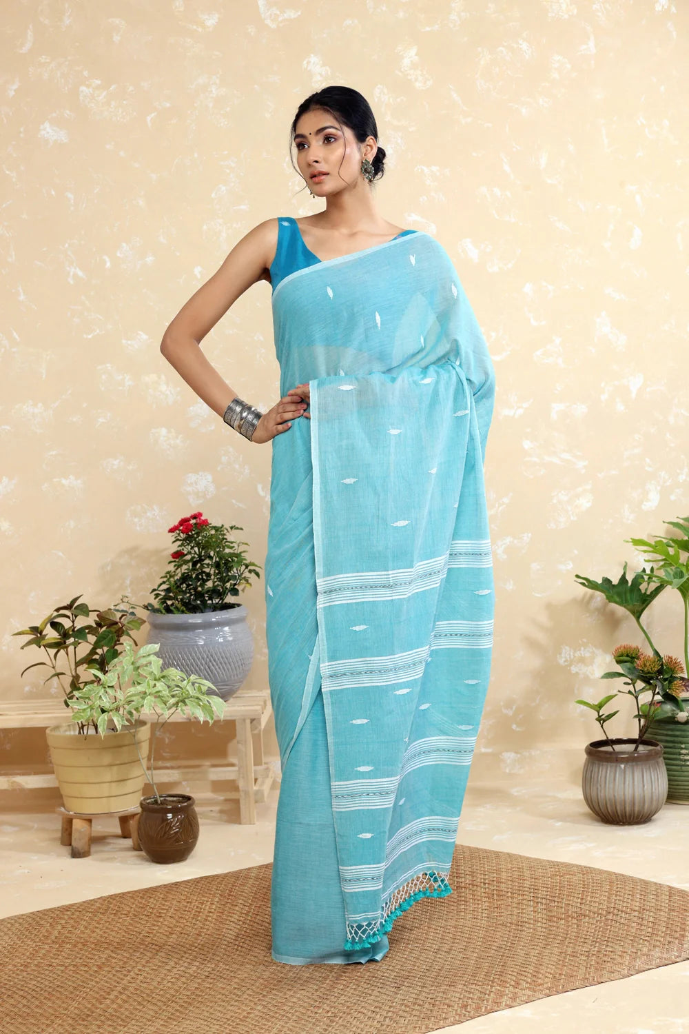 Handloom Aqua Green Mulmul Saree