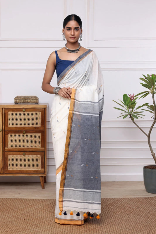 Handloom Cream Pure Cotton Jamdani Saree with Mustard Border