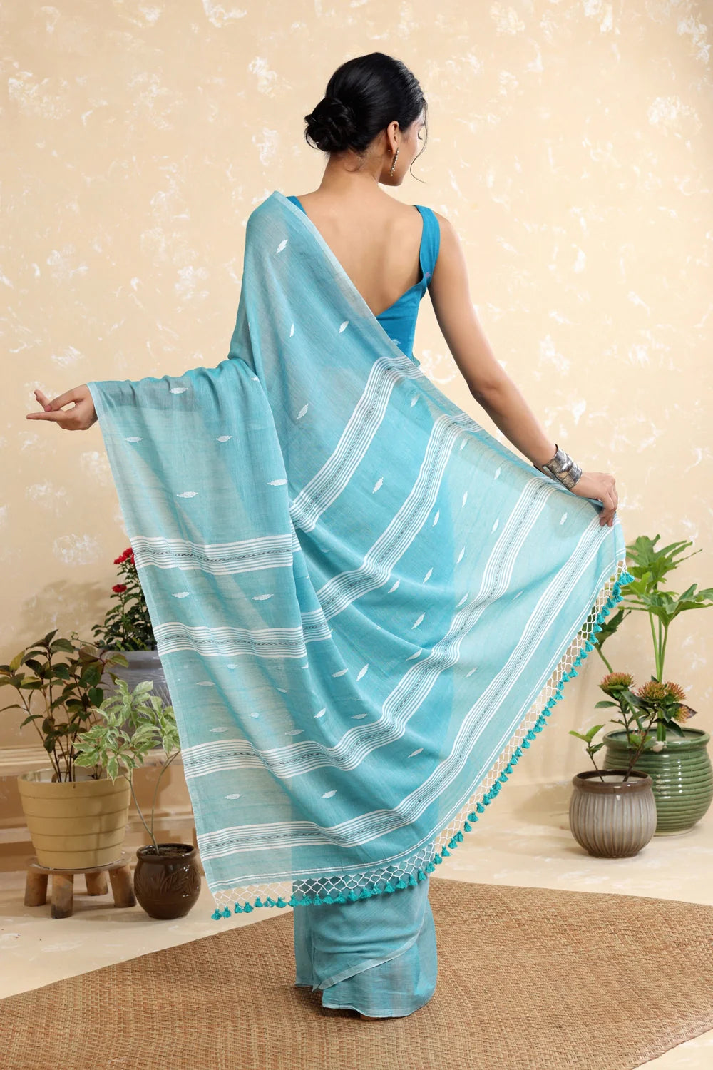 Handloom Aqua Green Mulmul Saree